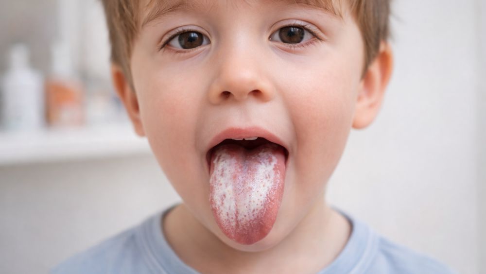 Niño pequeño mostrando lengua con capa blanquecina leve compatible con saburra lingual en revisión odontopediátrica