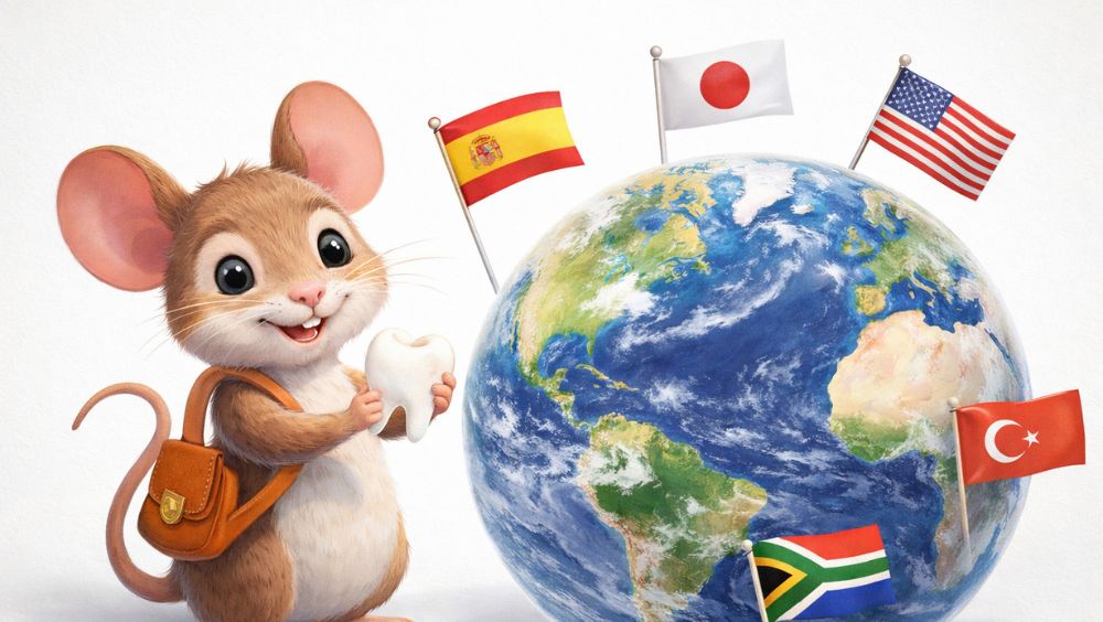 Ratón Pérez junto al planeta Tierra representando las tradiciones de caída de dientes en otros países